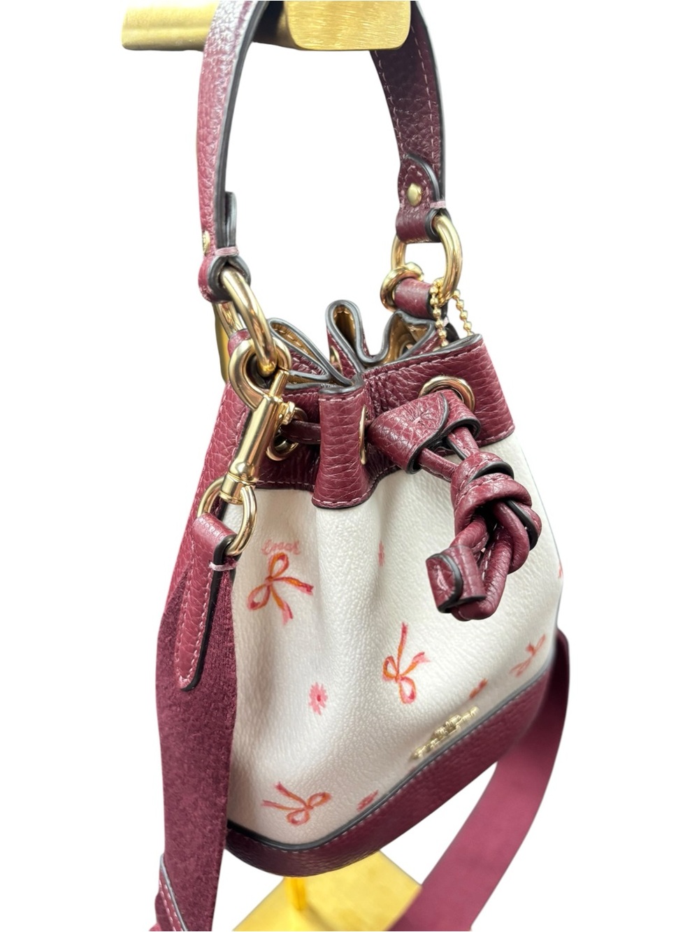 COACH Dempsey Drawstring Bucket Bag 15 Chalk Wine Bow Floral Print Crossbody - Picture 4 of 6